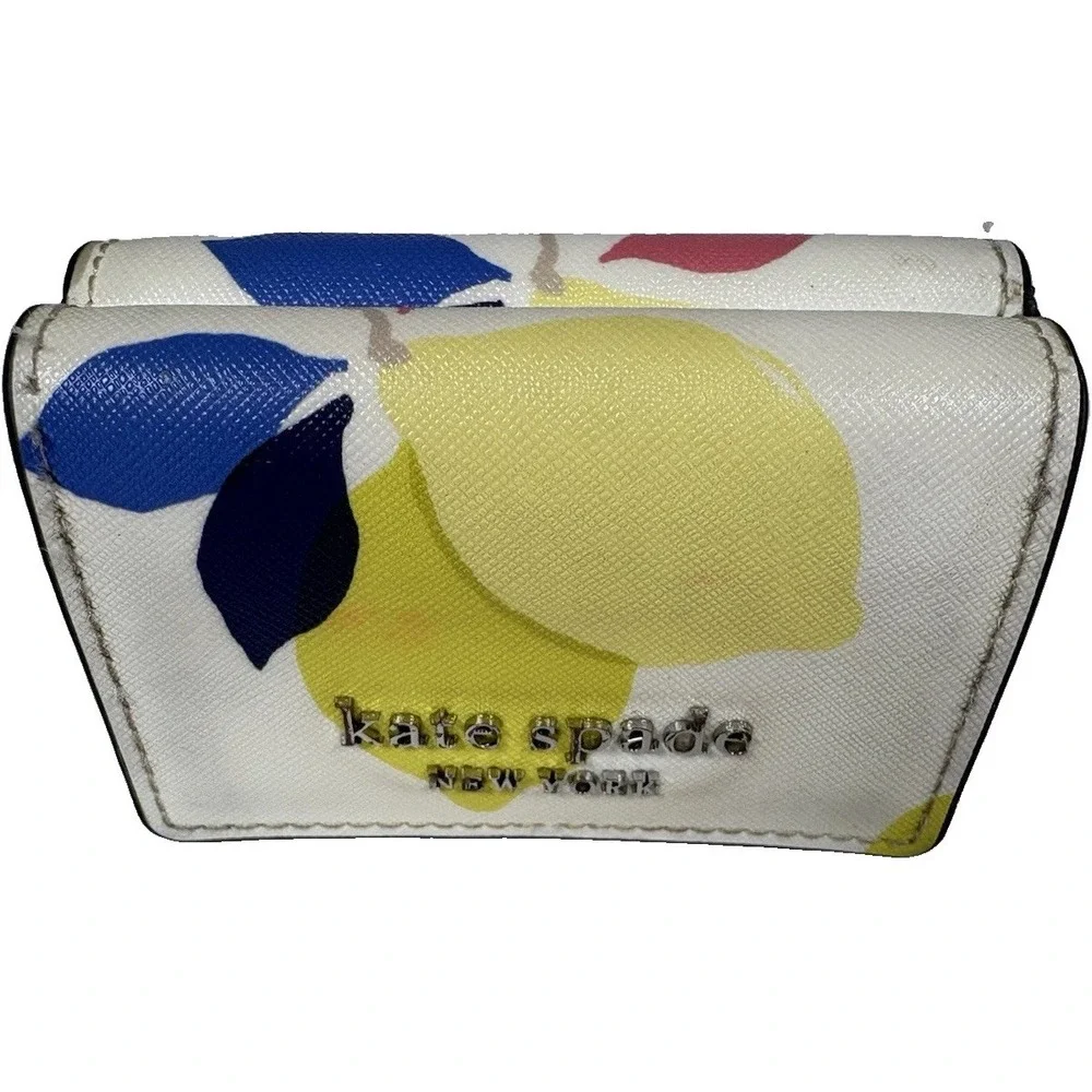 Kate Spade Cameron Lemon Zest Wallet White Multi Floral Fruit Navy Blue